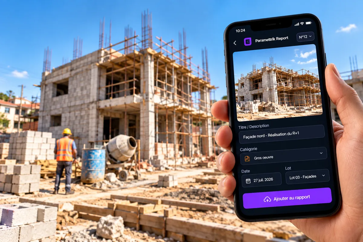 Paramettrik Report open on a phone, in front of a building site