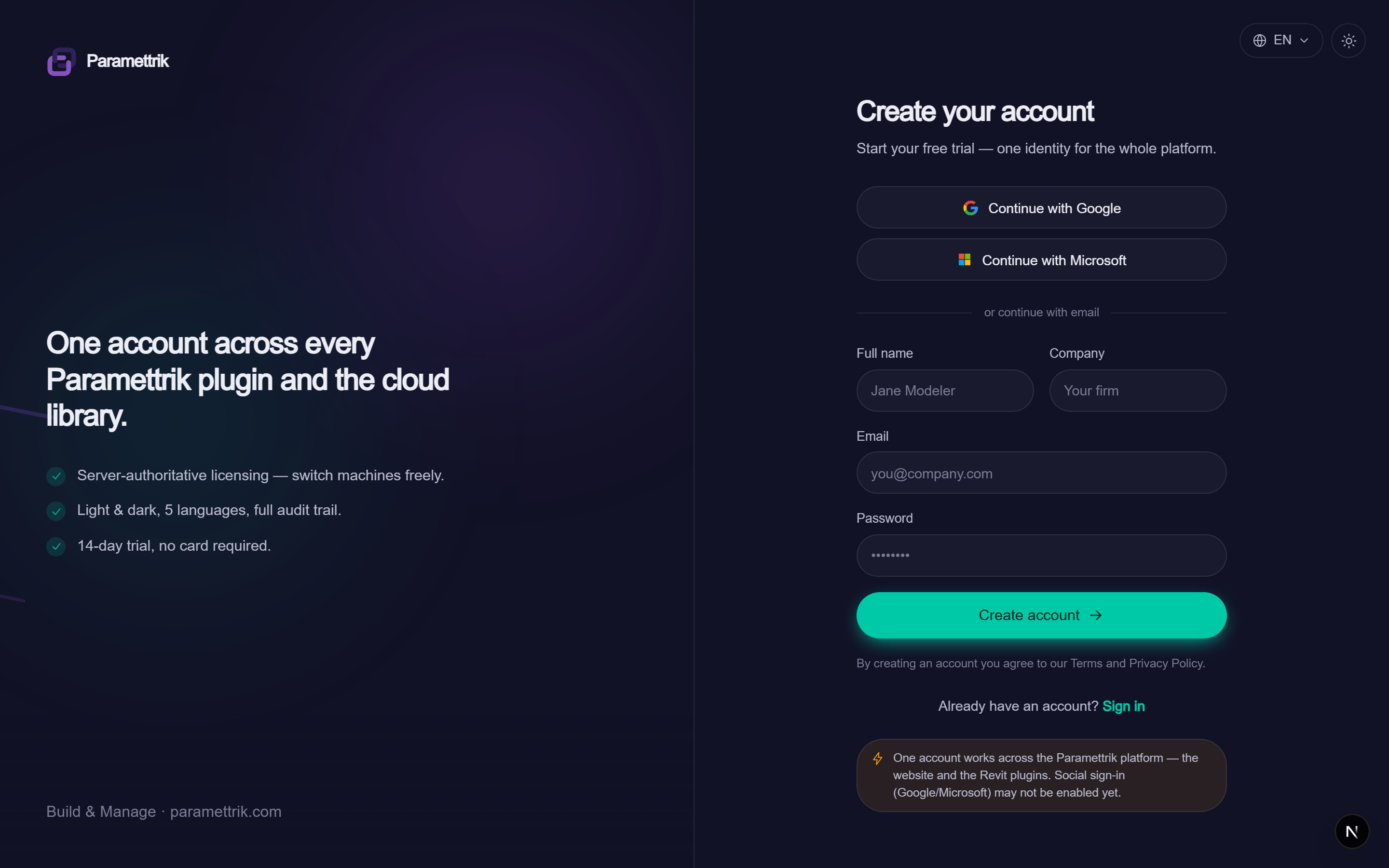 The Paramettrik sign-up screen