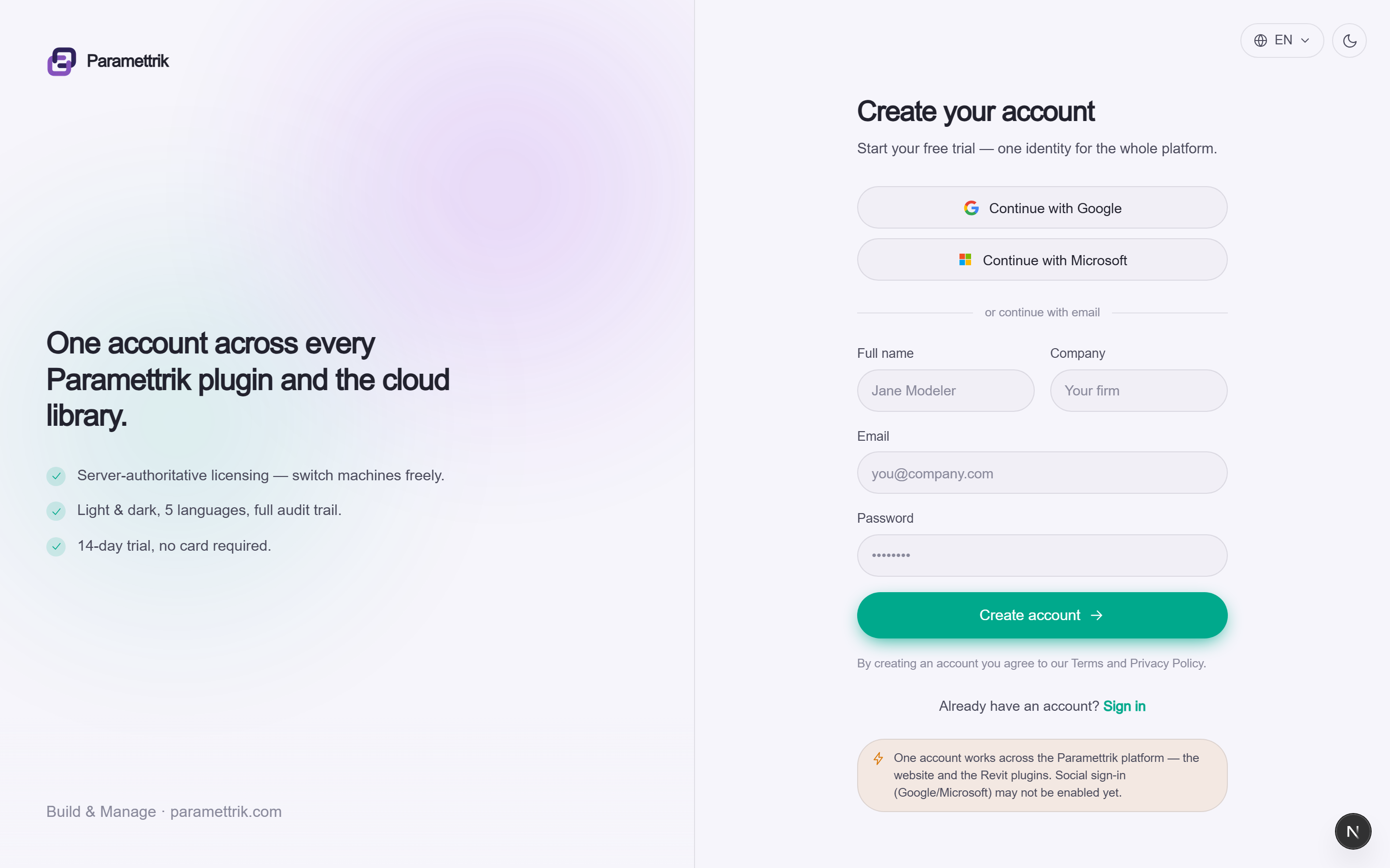 The Paramettrik sign-up screen