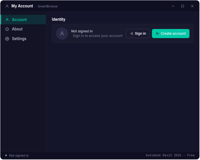 Manage your identity, licence and preferences from the Account window.