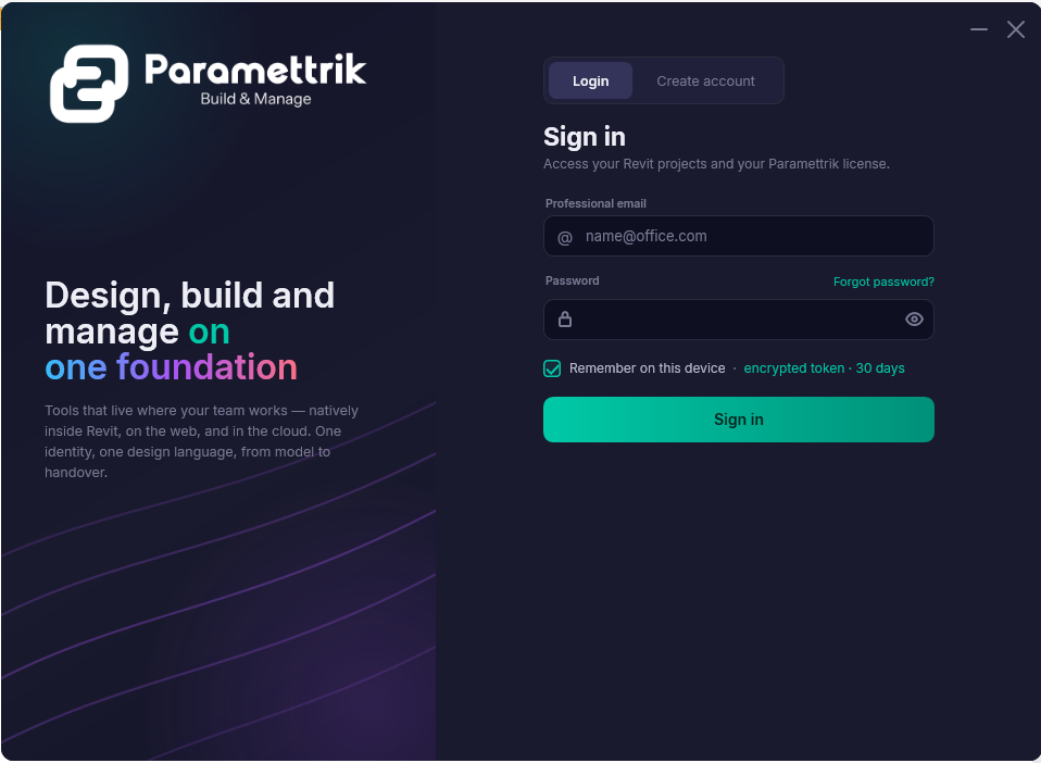 Sign in with your professional email; the token is encrypted on the device.